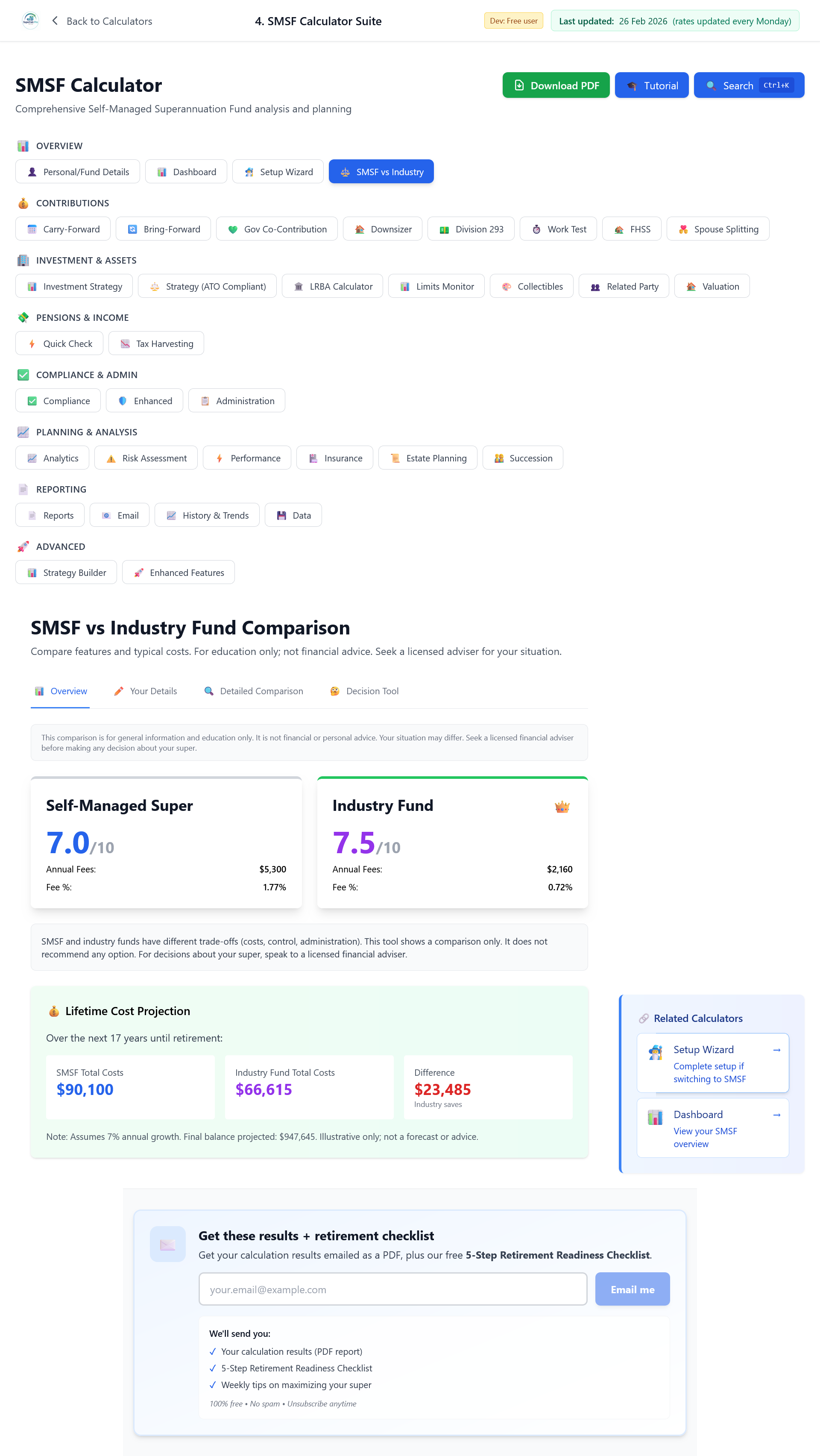 SMSF vs industry fund comparison at a sample balance: costs and outcomes