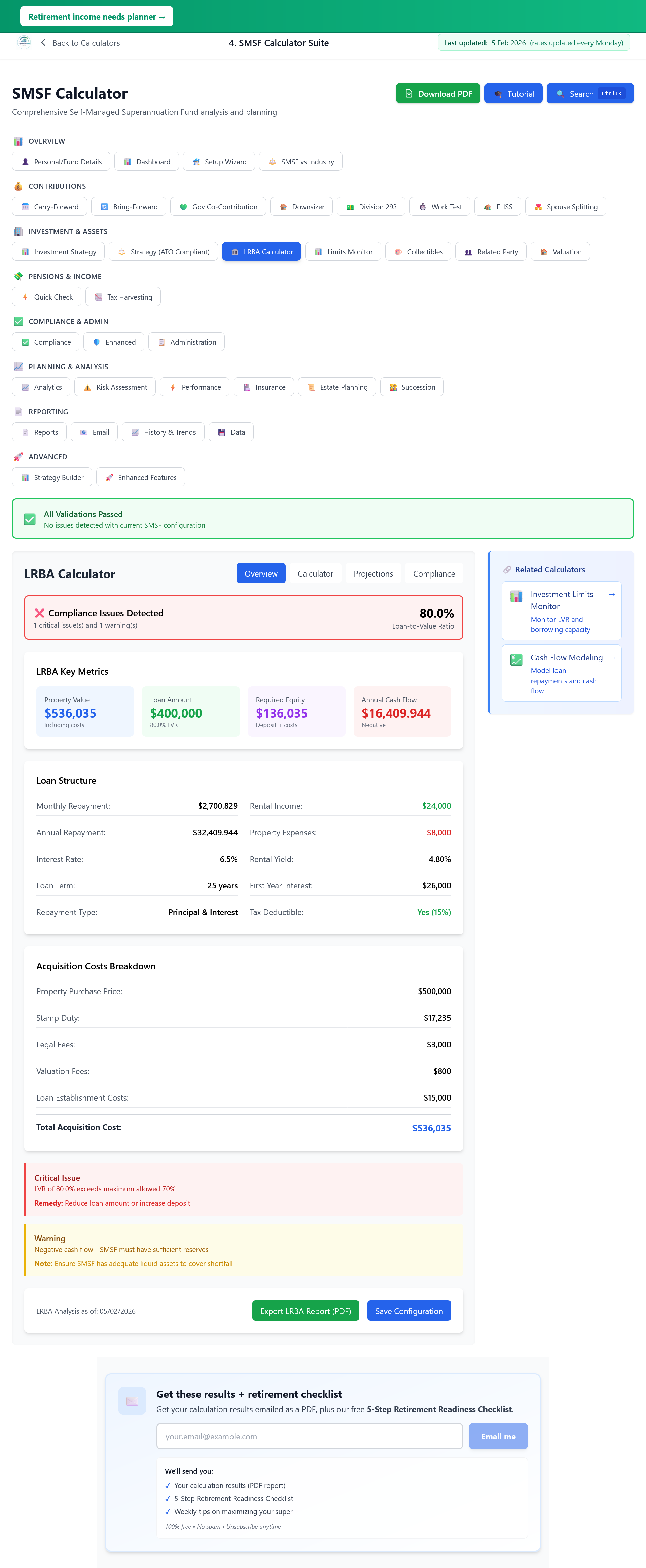 SMSF LRBA calculator: property value, loan amount, LVR, acquisition costs and compliance