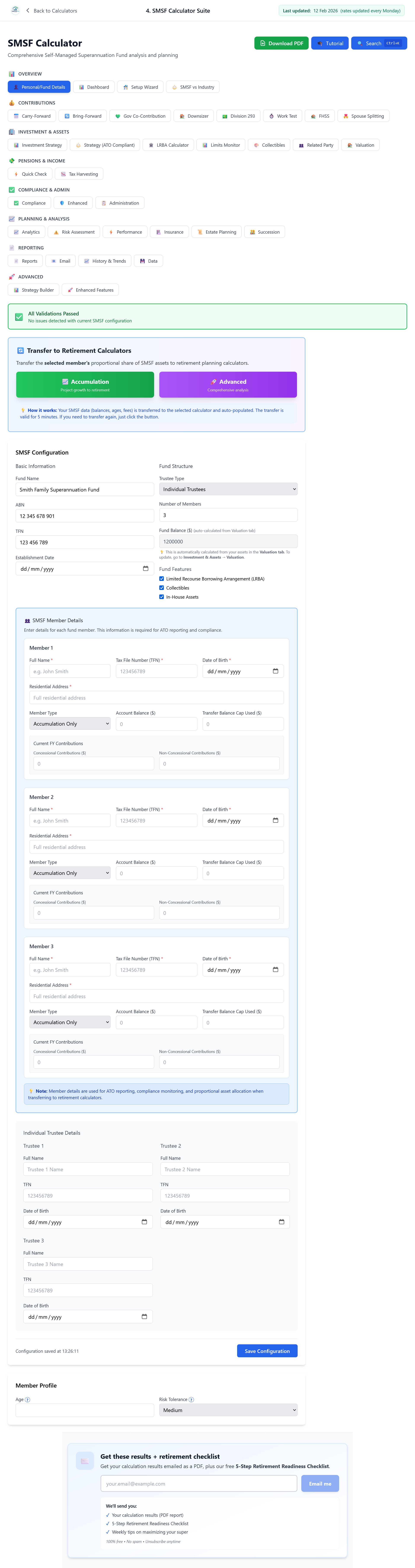 SMSF Calculator Suite Personal/Fund Details: Member Type (accumulation vs pension), account balances and proportional asset allocation