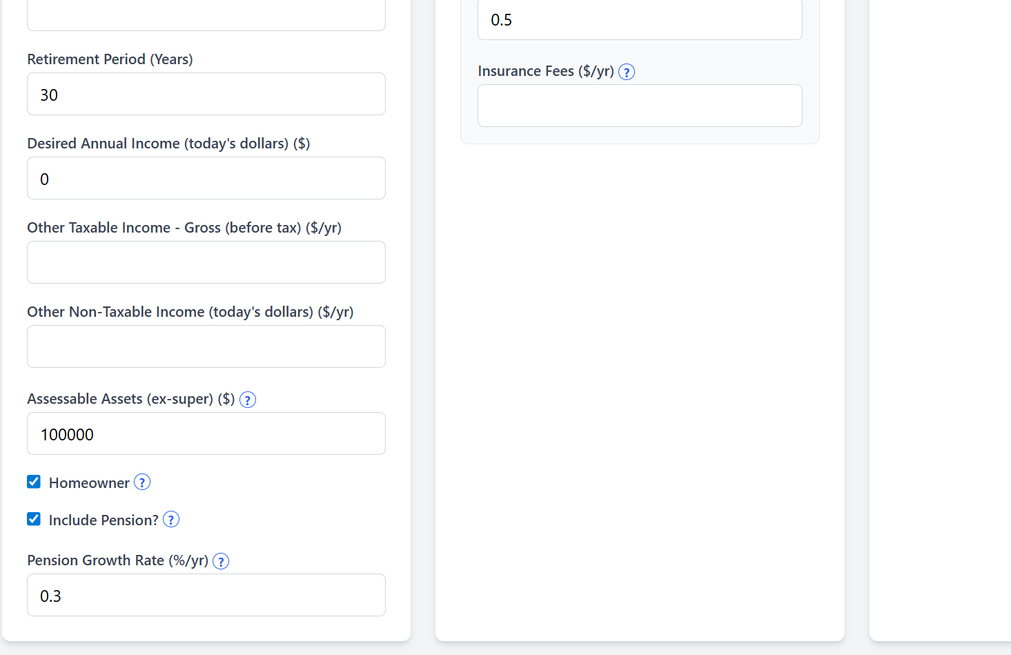 Basic retirement calculator inputs with 0.3% pension growth rate