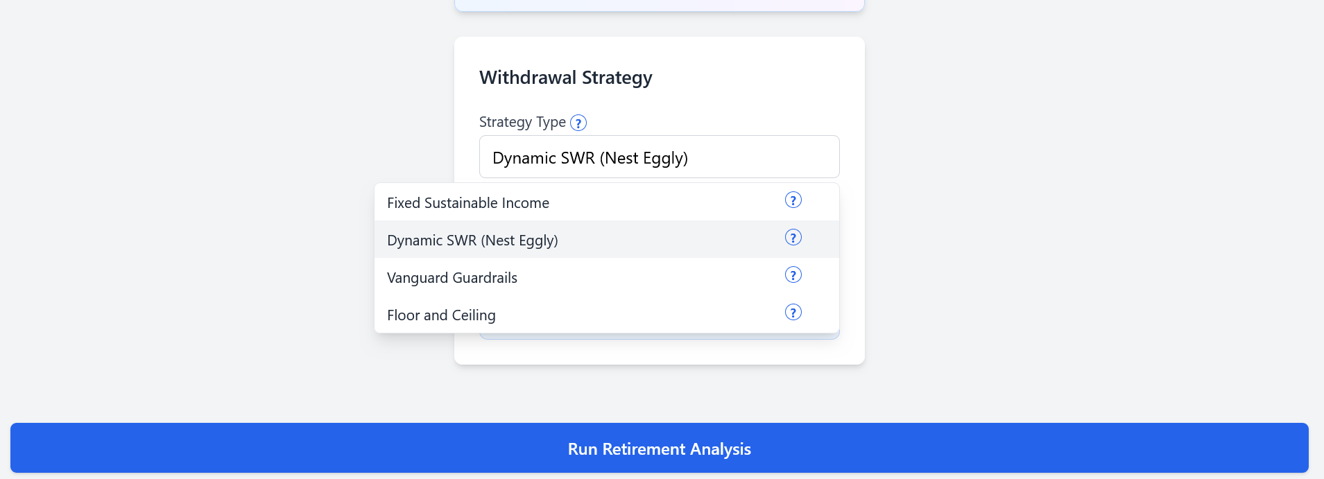 Advanced calculator showing withdrawal strategy dropdown menu