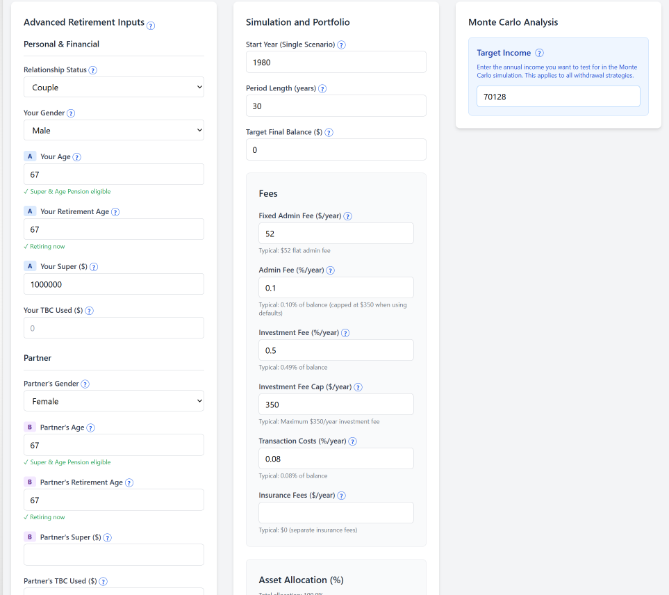 Calculator inputs showing couple aged 67 with $1M super and $70,128 target income