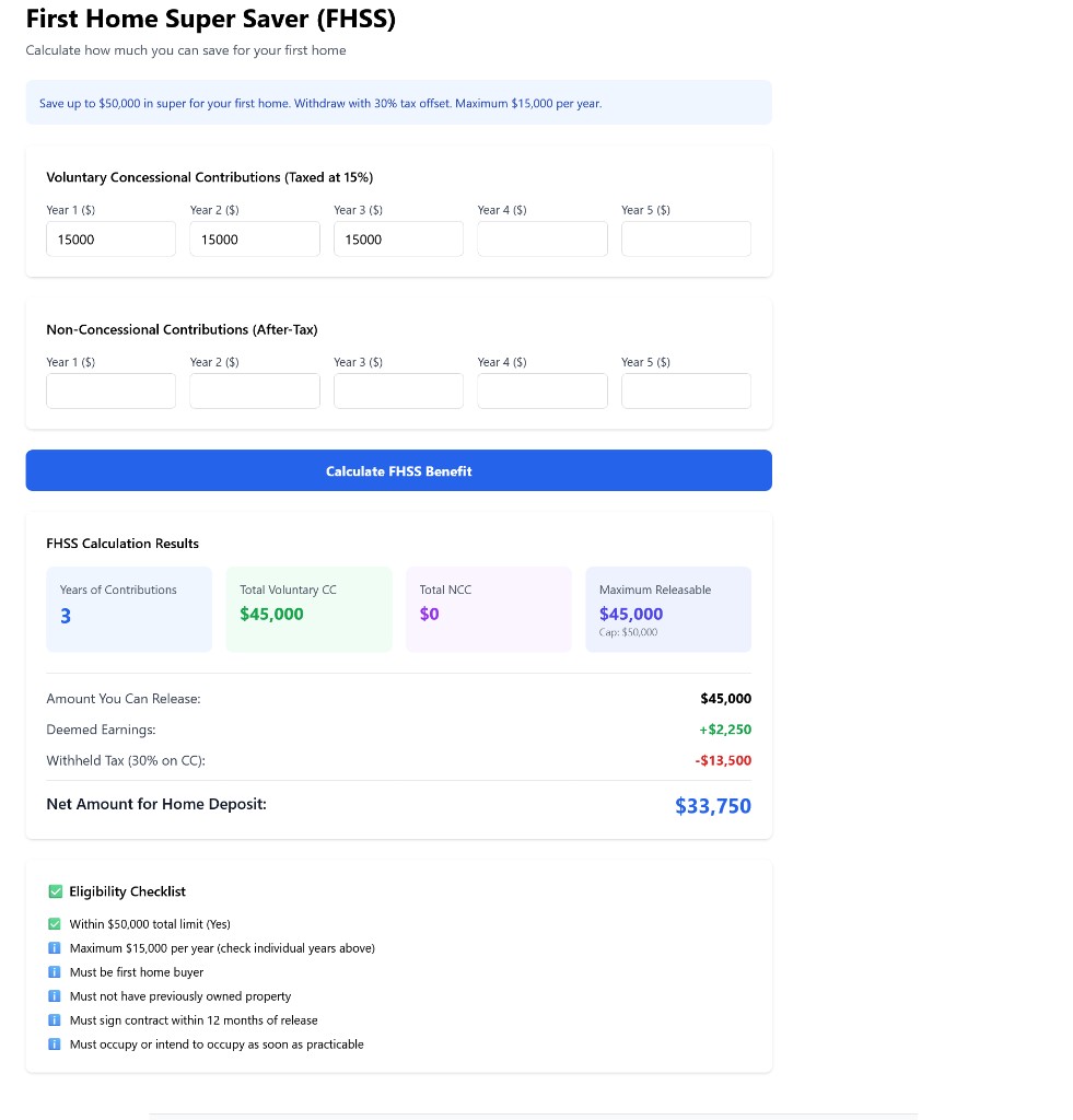 FHSS calculator view showing contribution inputs, releasable amount, and estimated tax treatment