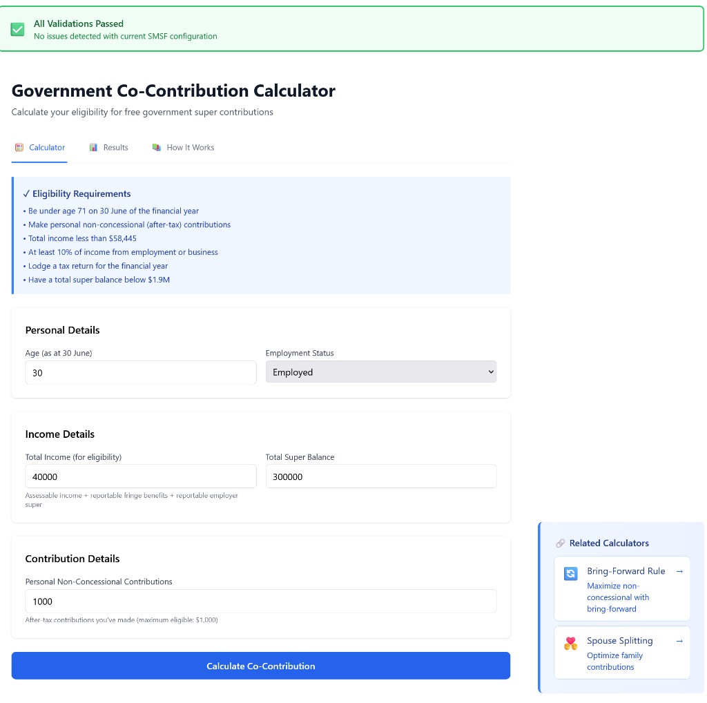 SMSF Suite Government Co-Contribution calculator showing eligible match on personal after-tax contributions