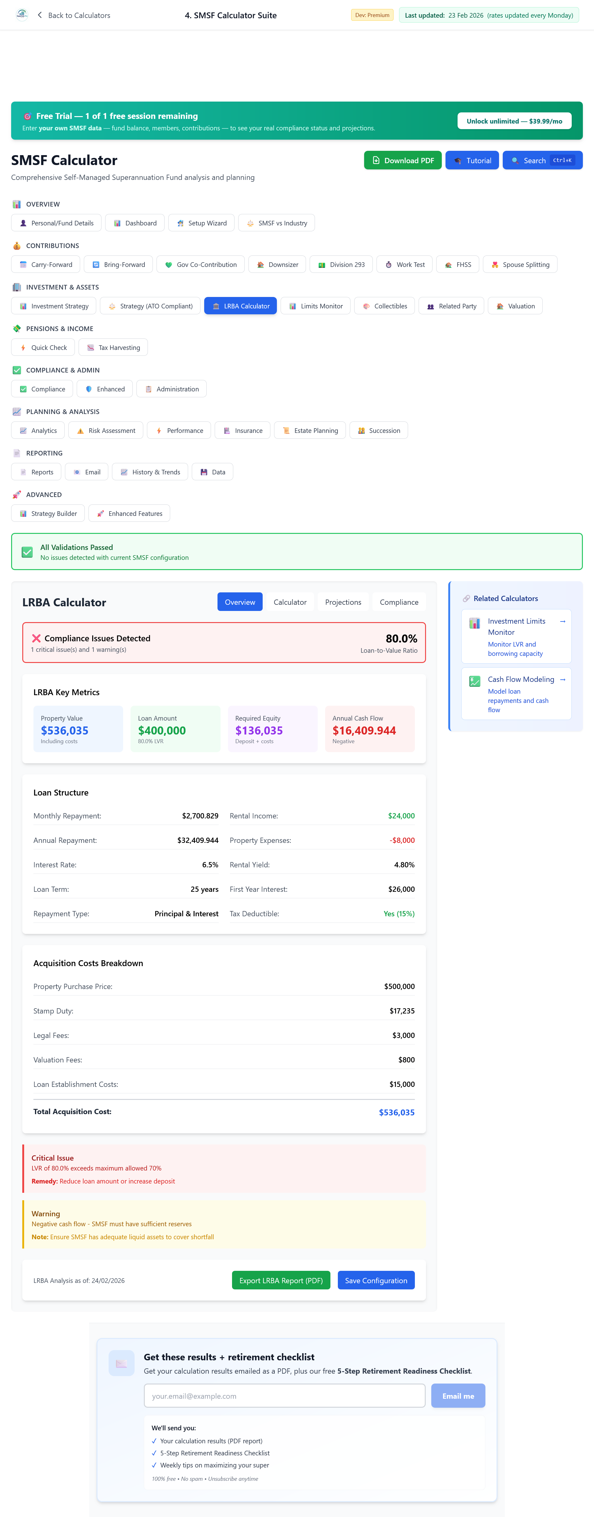 LRBA calculator Overview showing negative annual cash flow: interest exceeds rental income