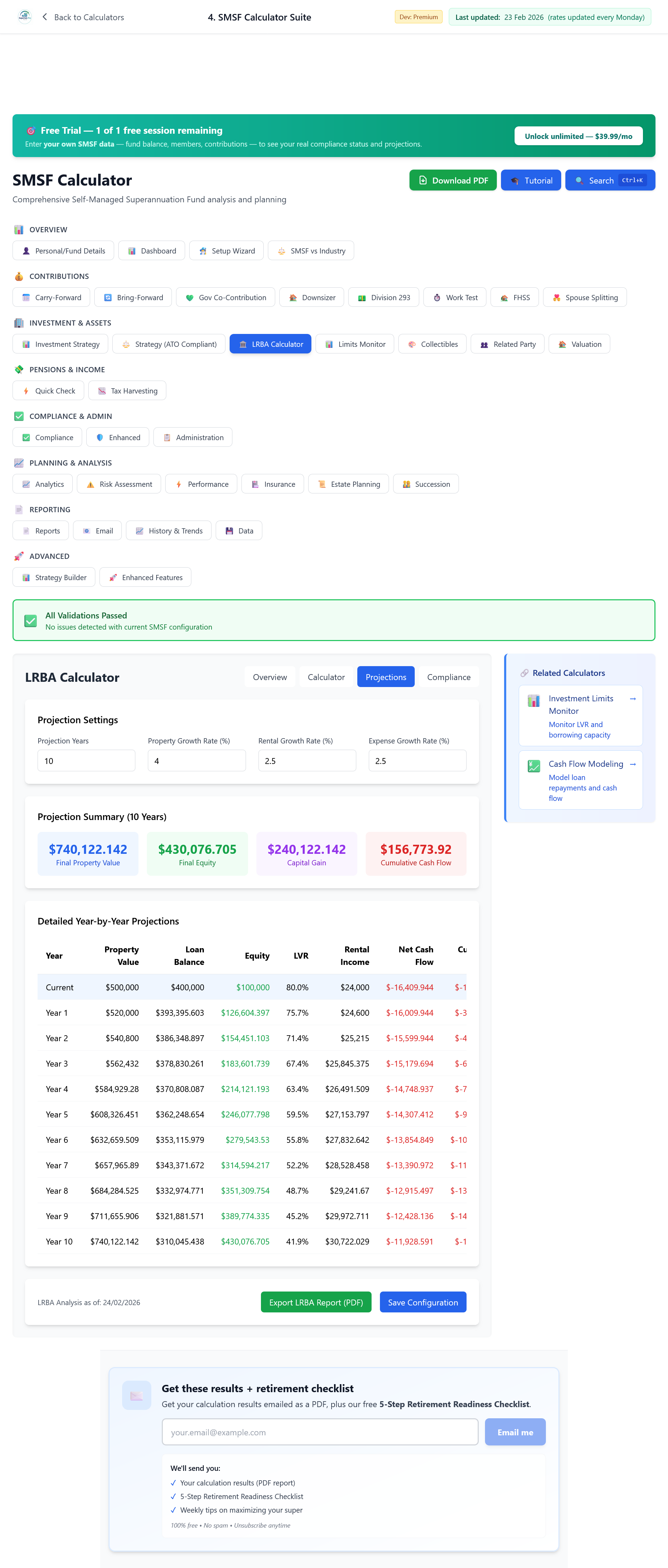 LRBA calculator Projections tab showing negative cumulative cash flow over 10 years