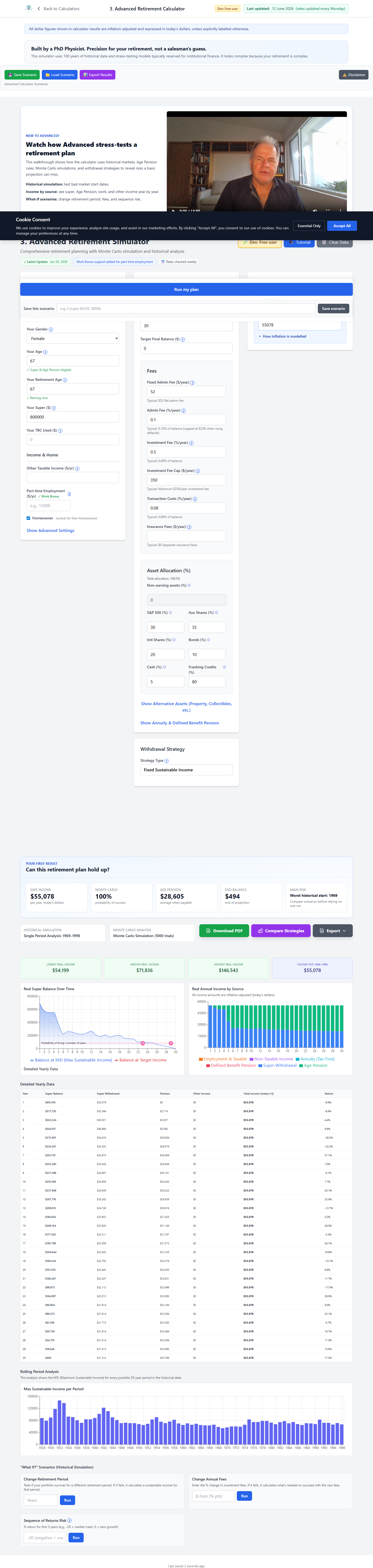 Advanced Calculator results for a single retiree age 67 with $800,000 super: income summary cards and year-by-year balance and income charts