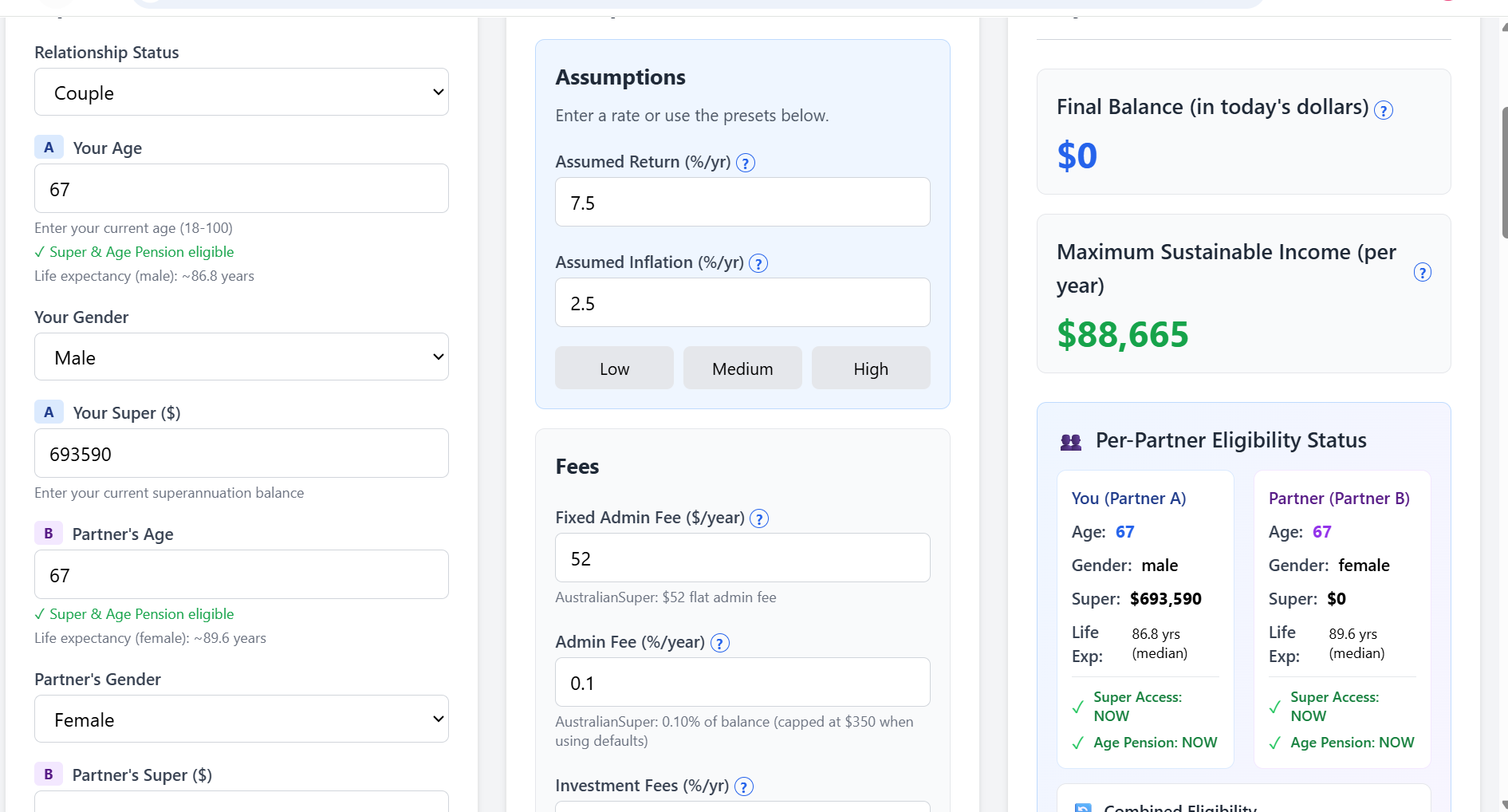 Retirement calculator showing $88,665 MSI with optimistic 1.2% pension growth