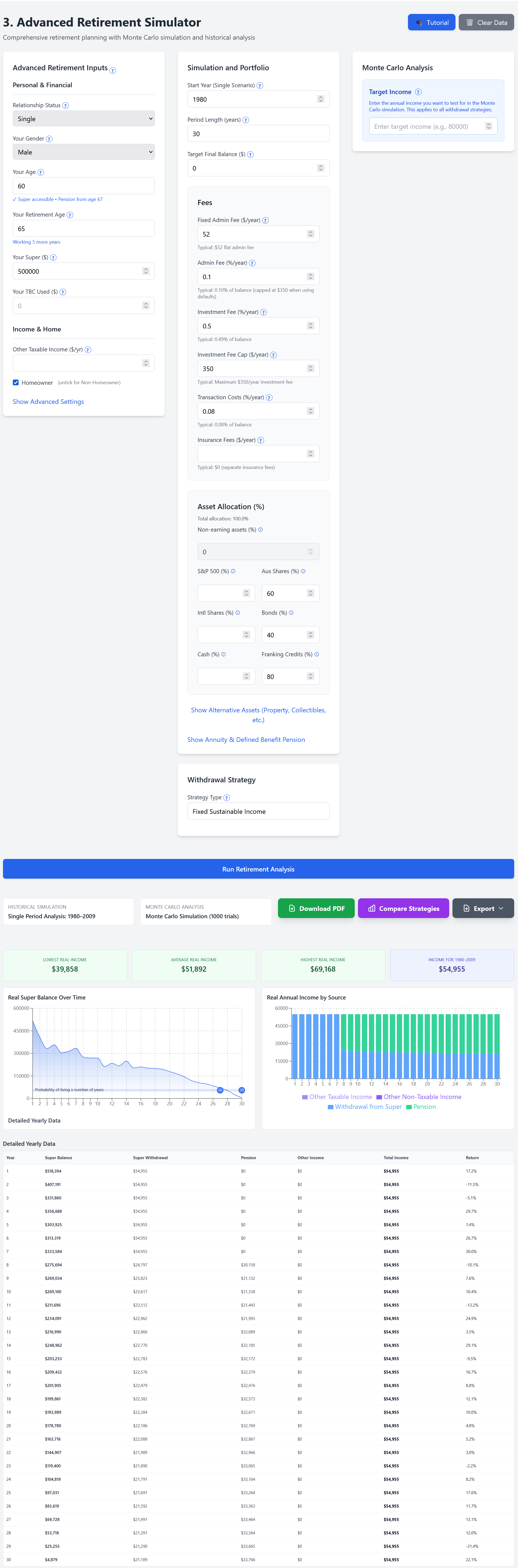Screenshot: Retire at 60 Scenario