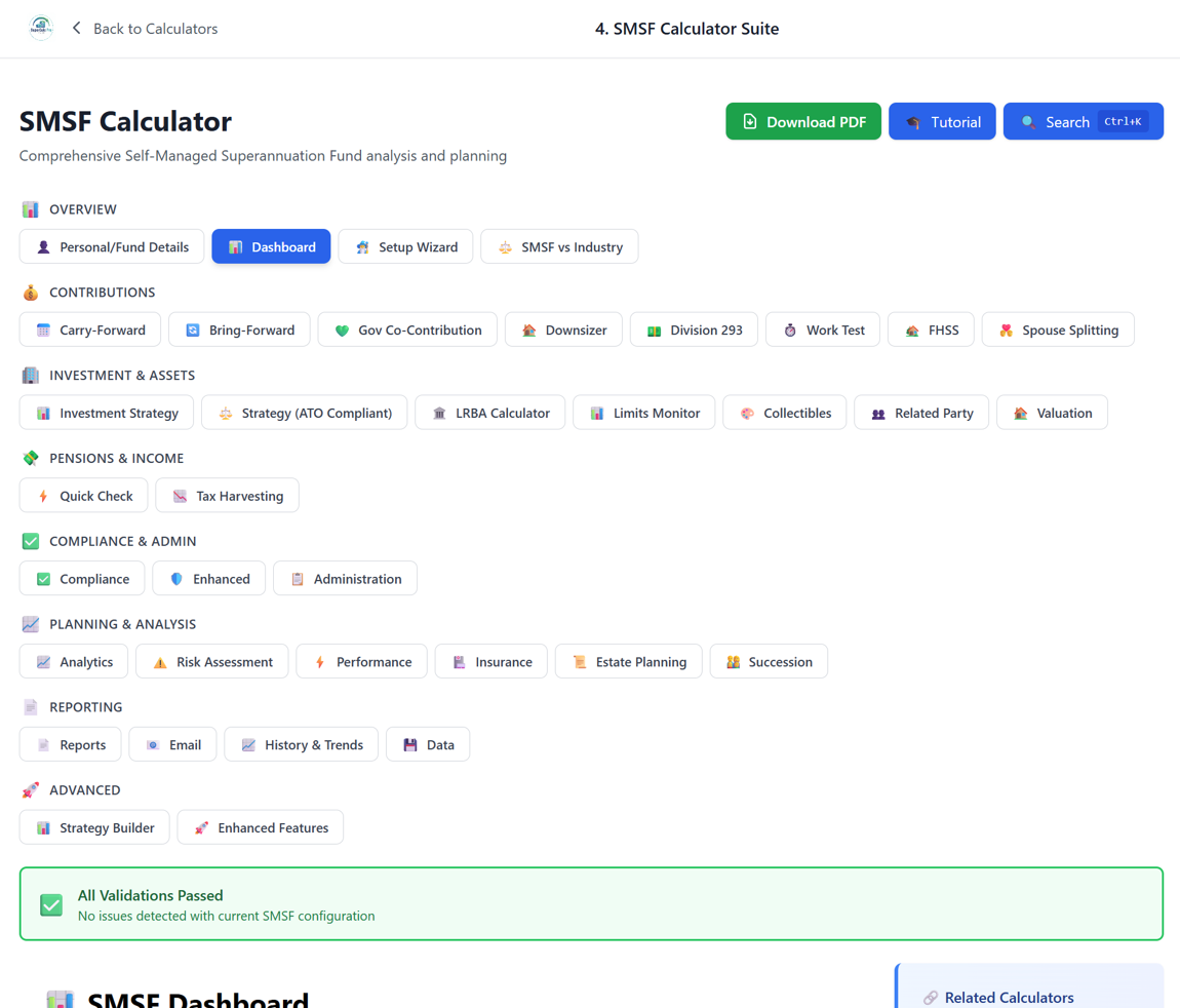 SMSF Calculator interface showing compliance tools and contribution tracking