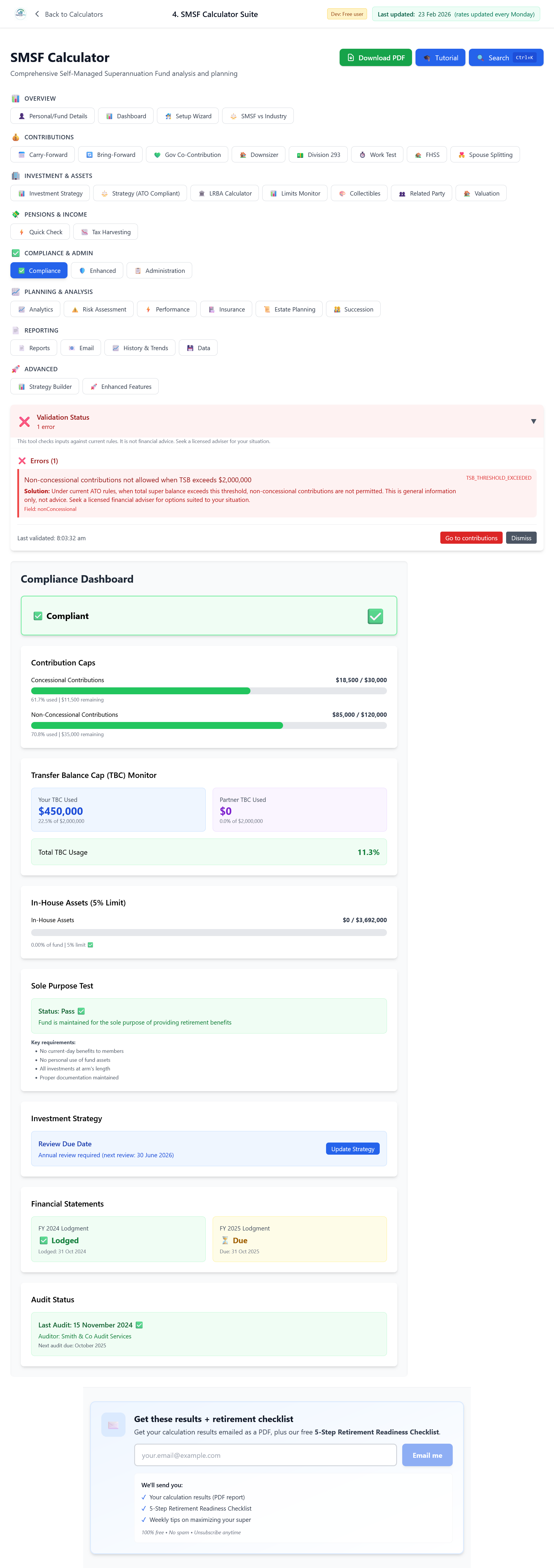 SMSF Compliance Dashboard showing overall status, contribution caps, in-house assets 5% limit, and sole purpose