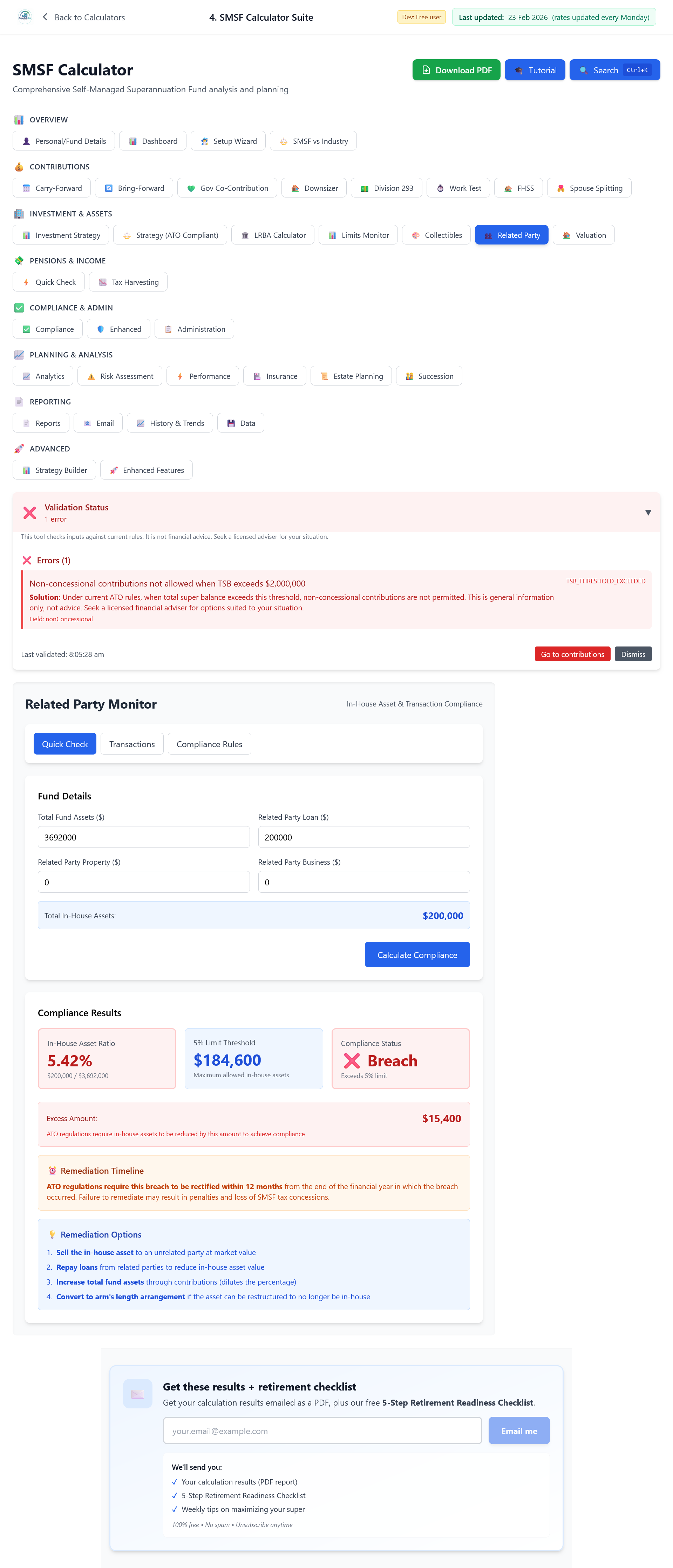 Related Party Monitor showing in-house asset ratio and 5% compliance status