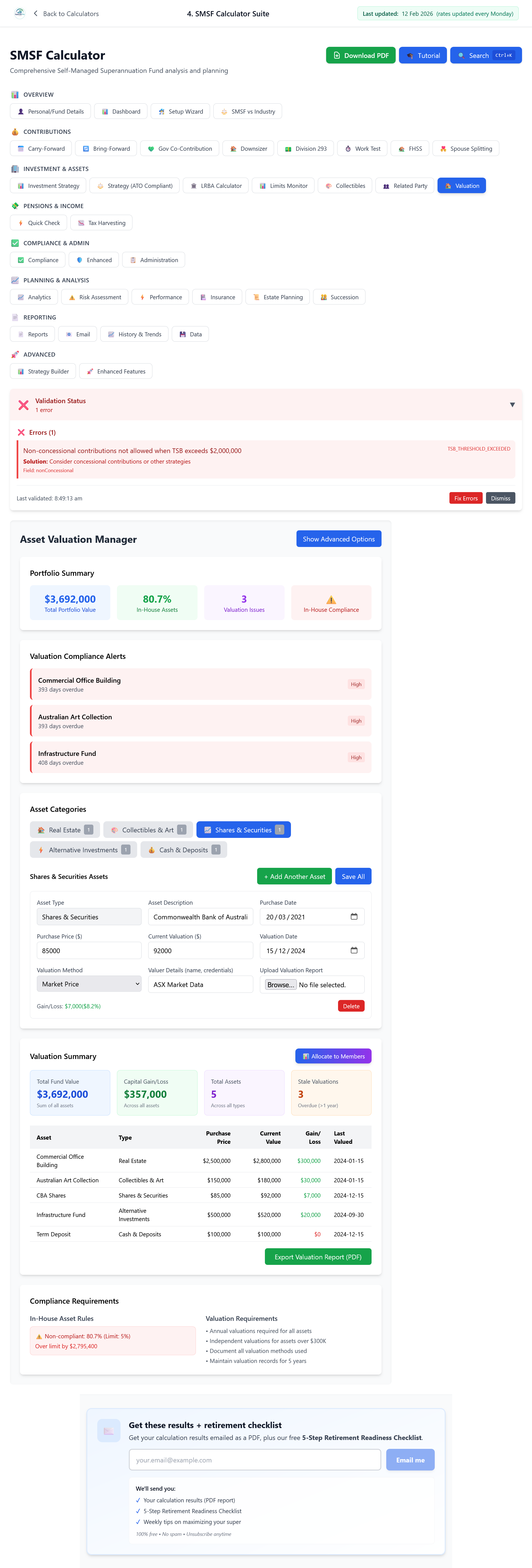 SMSF Calculator Asset Valuation tab showing Shares & Securities and where in-specie transferred assets are recorded