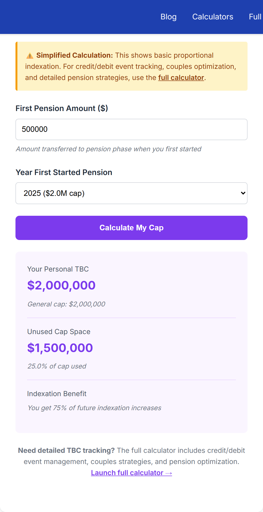 Advanced Calculator showing retirement modelling with 2026-27 contribution caps and transfer balance cap settings
