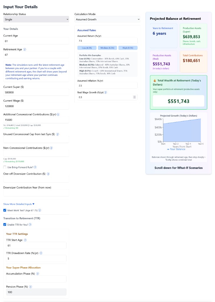 Accumulation Calculator showing TTR enabled with salary sacrifice at the concessional cap and projected super balance at retirement