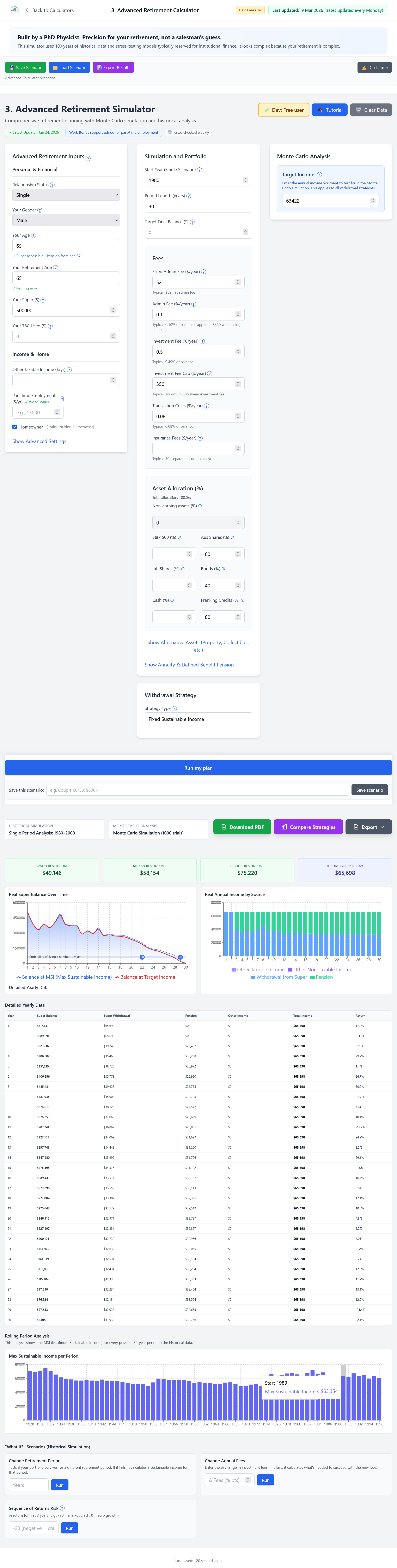 Advanced Calculator showing part-time employment income and Age Pension with Work Bonus
