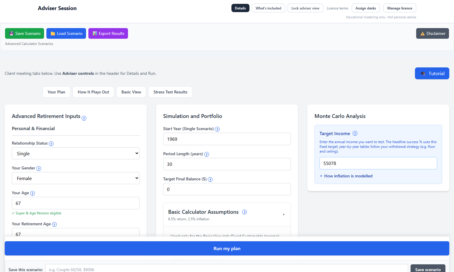 Details tab — adviser inputs and yearly ledger behind Adviser controls